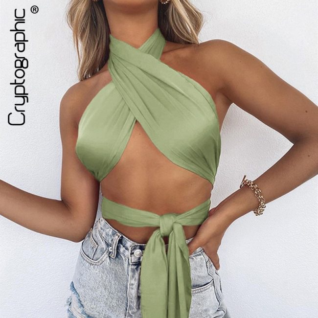 Cryptographic Bandage Sexy Halter Crop Tops for Women Sleeveless Backless Tie Up Top Cropped Club Party Outfits Holiday