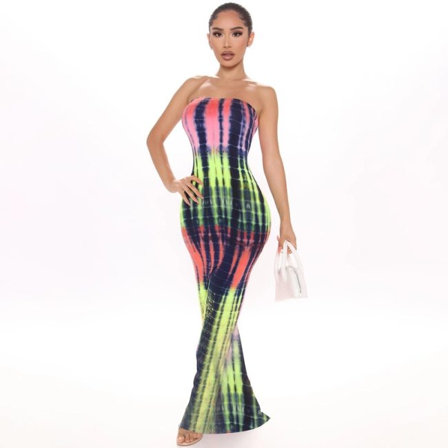 BOOFEENAA Stripe Tie Dye Print Sexy Maxi Dress Spring 2021 Casual Long Dress Women Nightclub Long Sleeve Bodycon Dresses C70CC31