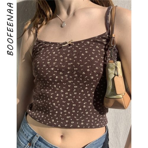BOOFEENAA Fairy Grunge Cami Crop Tops Women 2021 Summer Cute Floral Printed Brown Rib Knit Tank Top Indie Y2k Clothes C77-BB10