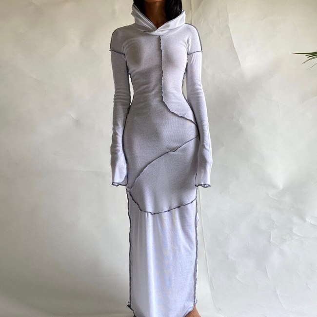 BOOFEENAA Sexy Contrast Stitch Hooded Long Sleeve T-shirt Dresses for Women Casual Fashion Khaki Bodycon Maxi Dress C15-CZ32