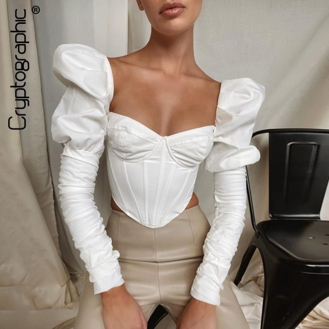 Cryptographic Square Collar Vintage Fashion Corset Women Top and Blouse Shirts Elegant Puff Long Sleeve Tops Sexy Blouse Blusas