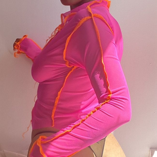 BOOFEENAA Neon Pink Sheer Mesh Deep V Neck Long Sleeve Crop Top Woman Tshirts Asymmetrical Sexy Women Blouses Fall 2020 C85-AG10