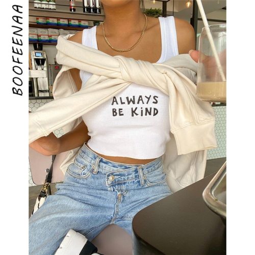 BOOFEENAA Cute Sexy Crop Tops for Women Summer Y2k Letter Embroidery White Ribbed Knitted Tank Top Aesthetic Clothes C83-AF10
