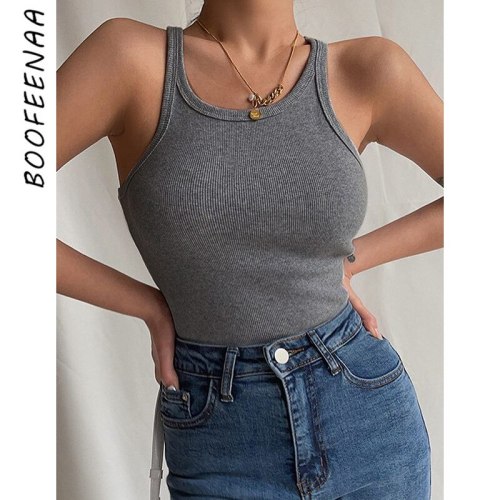 BOOFEENAA Solid Color Rib Knit Tank Top Basic Summer Clothes for Women Round Neck Casual Tops Camisole Activewear C68-AG10
