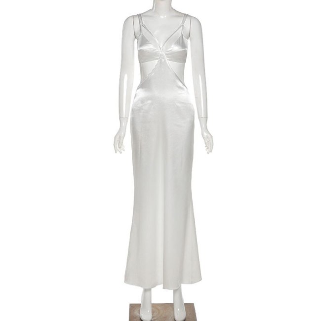 BOOFEENAA Sexy White Satin Maxi Dresses for Women Elegant Wedding Reception Party Backless Long Dress Summer Sundresses C83-DF17