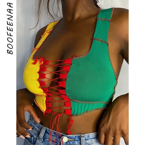 BOOFEENAA Patchwork Ribbed Knitted Tank Top Sexy Hollow Out Lace Up Color Block Y2k Crop Top Woman Tshirts Clubwear C15-BZ10