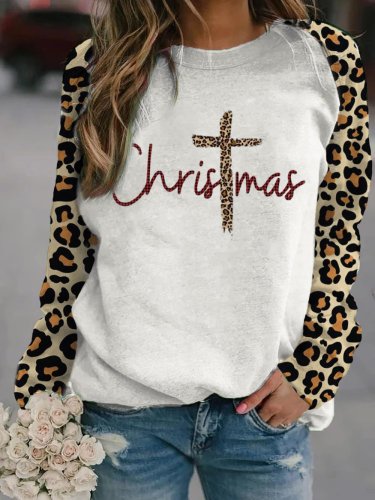 Women's Christmas Leopard Print Christian Cross Print Casual Sweatshirt