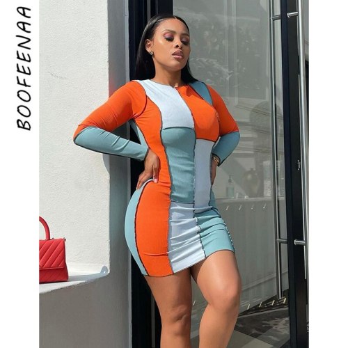 BOOFEENAA Fashion Long Sleeve Short Dresses for Women 2021 Fall Contrast Stitch Color Block Ribbed Knitted Bodycon Dress C85BH25