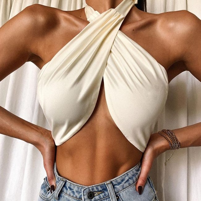 Cryptographic Silky Satin Halter Sexy Backless Criss-Cross Crop Top for Women Sleeveless Summer Fashion Outfit Party Wrap Top
