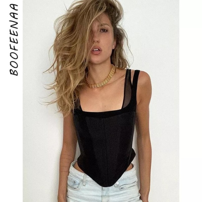 BOOFEENAA Vintage Sexy Corset Top Black White Sleeveless Crop Top Women Clothes Summer 2021 Night Club Tank Tops C76-BZ12