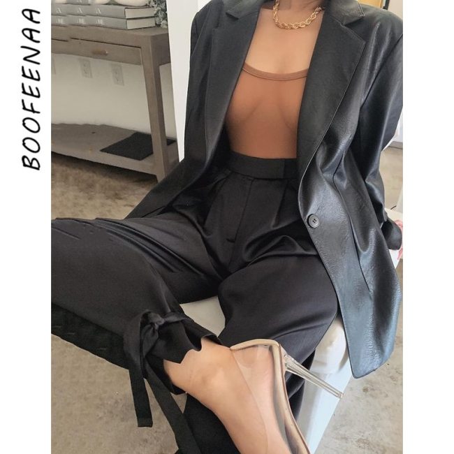 BOOFEENAA Elegant Silk Satin Lace Up High Waist Loose Pants Women Fashion Spring 2021 Office Ladies Fancy Jogger Mujer C92-DI30