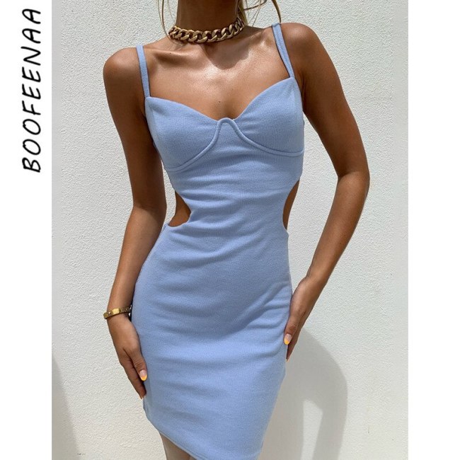BOOFEENAA Sexy Summer Dresses Solid Color Ribbed Side Hollow Out Bodycon Mini Dress 2021 Trend Fashion Women Club Wear C76-BF17