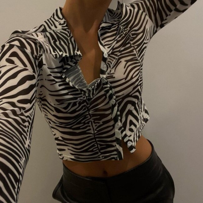 BOOFEENAA Sexy Zebra Striped Print Sheer Mesh Tshirts for Women Button Down Blouse Long Sleeve Crop Top Fall 2021 C71-BG14