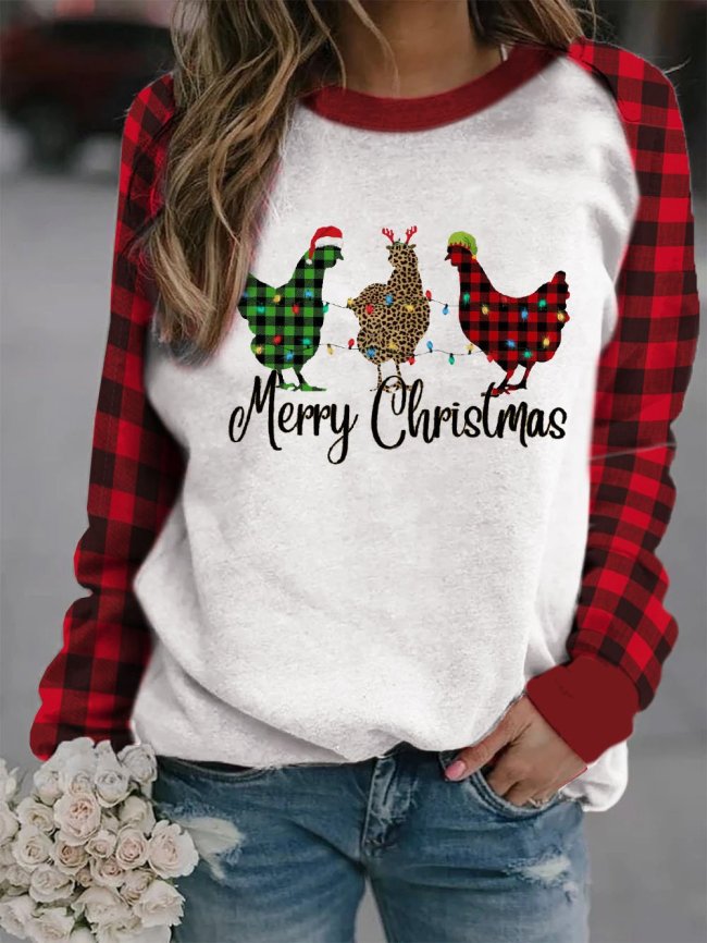 Merry Christmas Three Hens With Christmas Hats Plaid Pullover