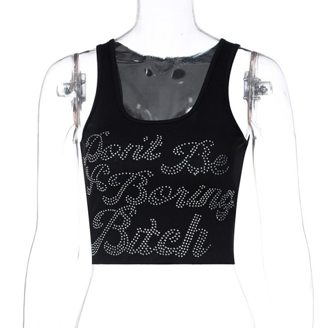 BOOFEENAA Sexy Cute Tank Tops for Women Clubwear Glitter Rhinestone Letter Black Rib Knit Crop Tops Summer Y2k Clothes C95-AH10