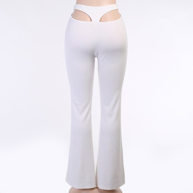 BOOFEENAA Sexy Hollow Out Flare Pants White Ribbed Knitted High Waist Wide Leg Pants Fall 2020 Women Clothing Trousers C66-BF34