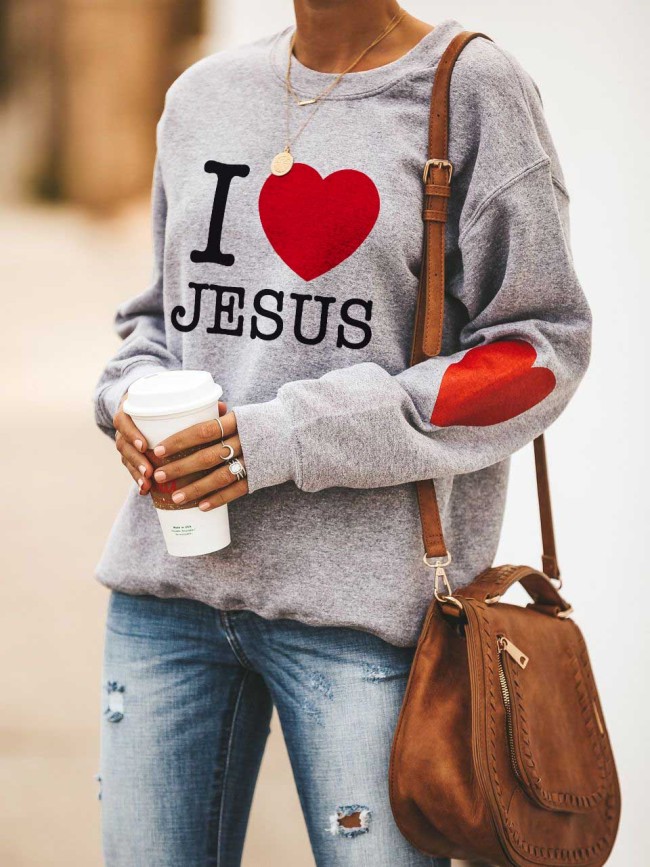 I Love Jesus Heart Print Long Sleeve Pullover
