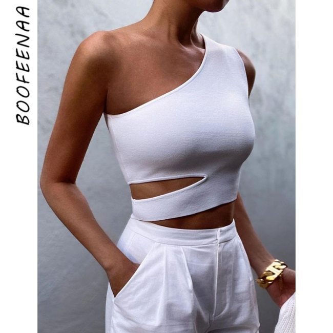 BOOFEENAA Cut Out One Shoulder Crop Top 2021 Summer Clothes for Women Black White Sexy Trendy Fitted Tank Tops C68-AD10