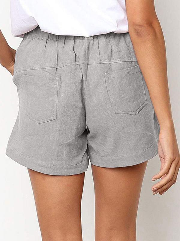 Drawstring elastic waist cotton and linen casual shorts