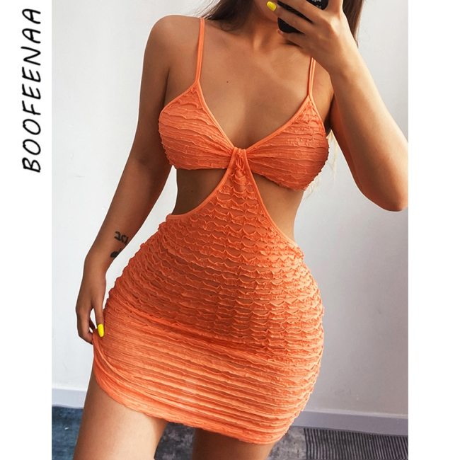 BOOFEENAA Sexy Summer Bodycon Dresses for Women 2021 Knitted Jacquard Mini Dress With Cutouts On the side Club Outfits C66-BG13