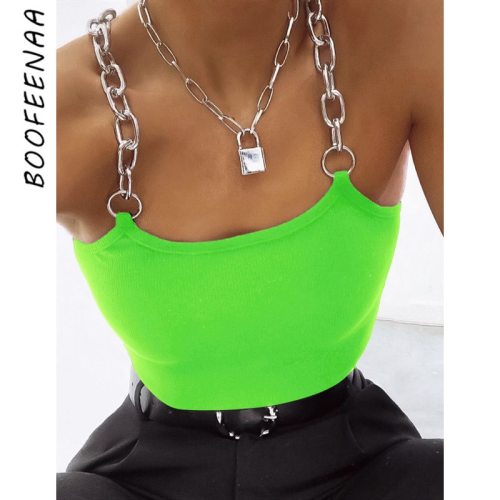 BOOFEENAA Chain Strap Ribbed Knit Sexy Crop Top Summer Women Neon Clothes 2020 Streetwear Rave Festival Tank Tops C70-G56