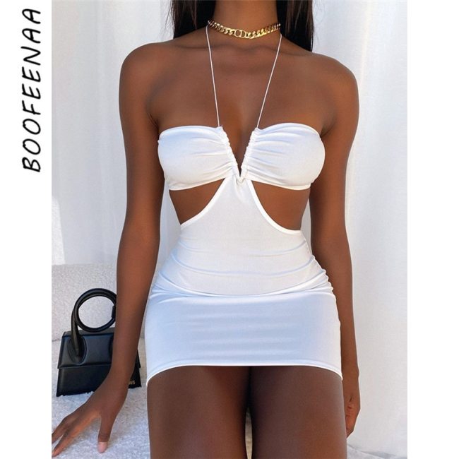 BOOFEENAA Sexy White Backless Halter Bodycon Dress with Cutouts Summer 2021 Fashion Mini Dresses Club Outfits for Women C96-BC13