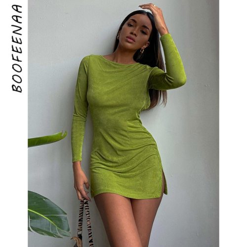 BOOFEENAA Sexy Open Back Long Sleeve Dress with Slit Clubwear Knitted Bodycon Mini Dresses for Women 2021 Autumn Winter C76-CZ20