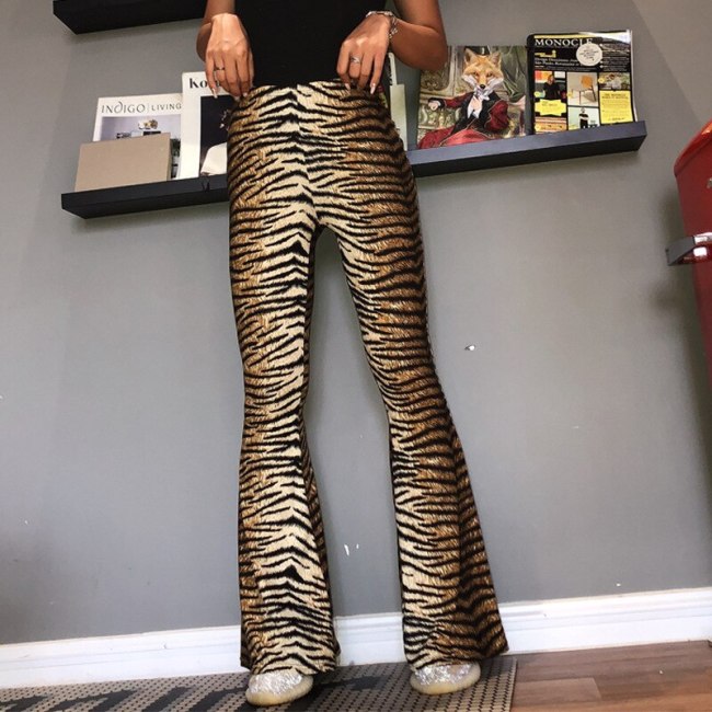 BOOFEENAA Tiger Cheetah Print Stretch Flare Pants Women High Waisted Bell Bottoms Autumn Plus Size Wide Leg Trousers C70-AZ93