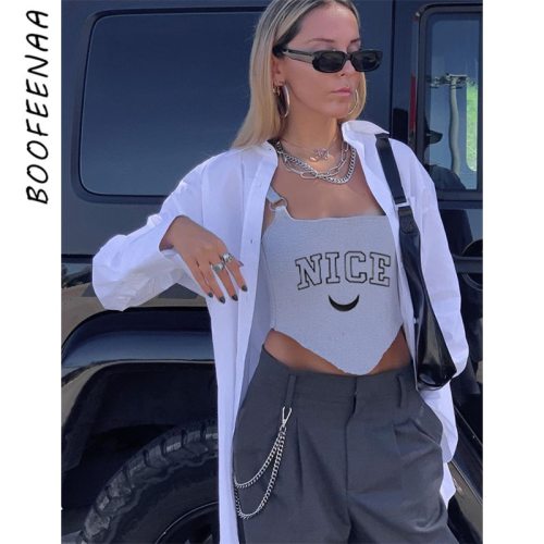 BOOFEENAA Letter Print Gray Sporty Corset Top Y2k Cozy Chic Womens Streetwear Cami Crop Tank Top Shirt Female Clothes C98-AH13