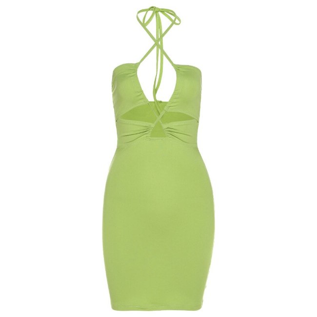 BOOFEENAA Hollow Out Halter Backless Bodycon Dress Sexy Club Outfits for Womens Clothing Stylish Green Mini Dresses C83-BZ15