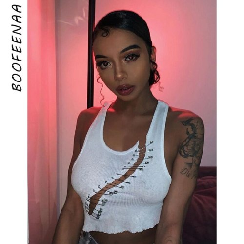 BOOFEENAA Sexy Street Wear Women White Ribbed Tank Top Women Clothes Gothic Cut Out Hollow Crop Tops 2020 C87-AF10
