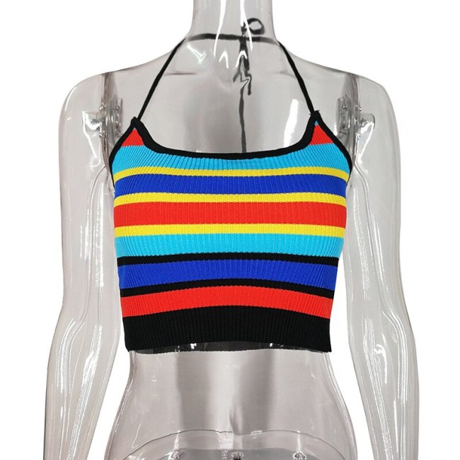Cryptographic Rainbow Striped Knitted Halter Sexy Camis Crop Tops Summer Festival Top Feminino Streetwear Sleeveless Tanks Top