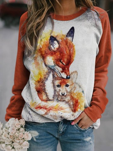 Women's Painted Fox Print Casual Sweatshirt