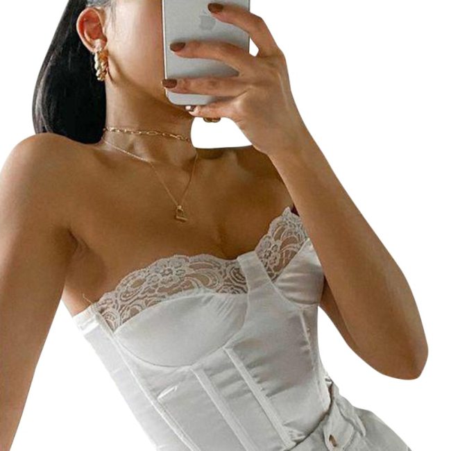 BOOFEENAA Sexy Vintage Lace Satin Corset Top Summer 2021 Cottagecore Bustier White Black Club Wear Cropped Tank Tops C76-BG12
