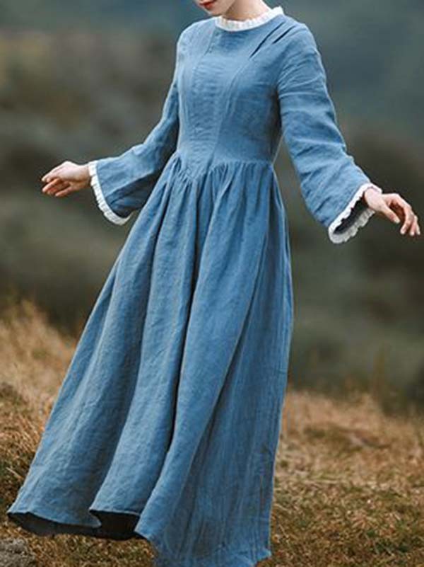 Retro Cotton And Linen Blue Long-sleeved Slim Dress