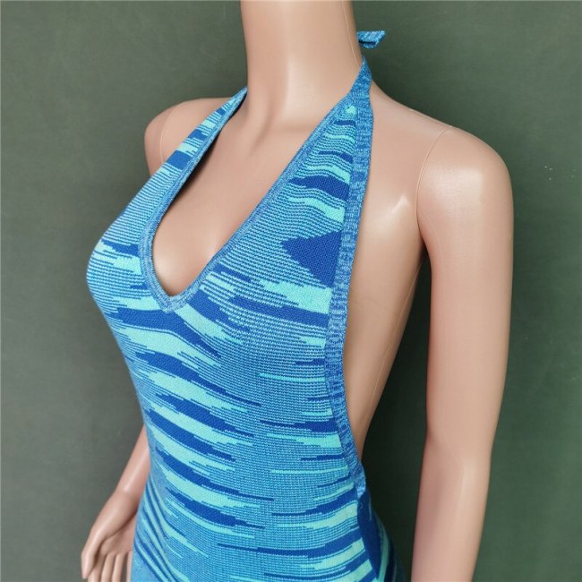 BOOFEENAA Vacation Knitted Open Back Halter Mini Dress Summer Clothes for Women Clubwear Beach Bodycon Tank Dresses C88-DB22