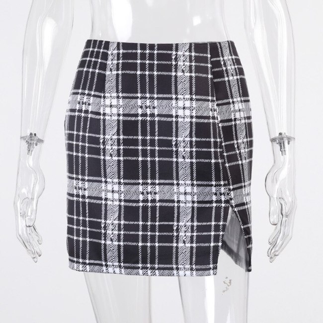BOOFEENAA Black Plaid High Waist Side Split Mini Skirts Women Fashion Bottoms 2021 Sexy Pencil Skirt Faldas Mujer C69-BB11