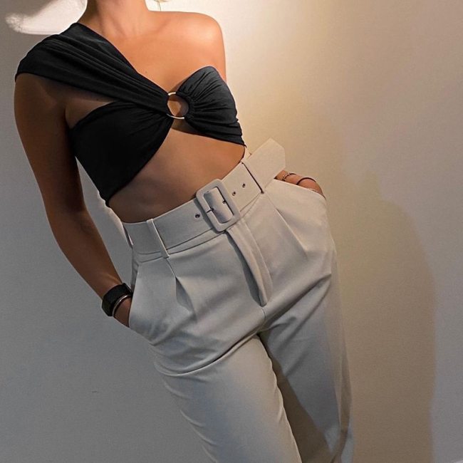 Cryptographic One Shoulder Bandage Sexy Backless Cut Out Crop Top for Women Fashion Outfits Elegant Satin Tops Streetwear Club