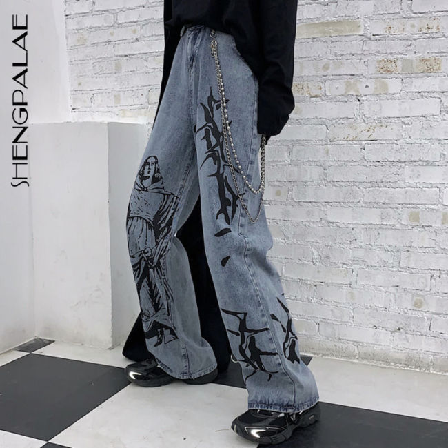 Street Hip-hop Printing Wash Jeans Loose Casual Denim Wide Leg Pants Tide Woman