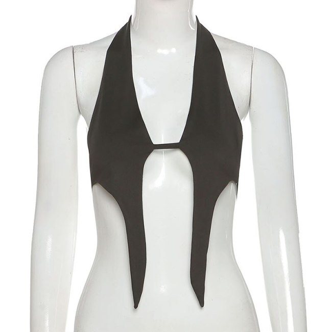 BOOFEENAA Sexy Bralette Mini Crop Top Black White Irregular Backless Halter Top Summer Clothes for Women Clubwear Tanks C87-BZ10