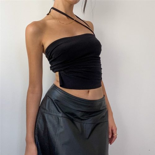 Cryptographic Chic Fashion Black Sexy Straps Halter Crop Tops Elegant Backless Sleeveless Top Fashion Outfits Streetwear Clothes