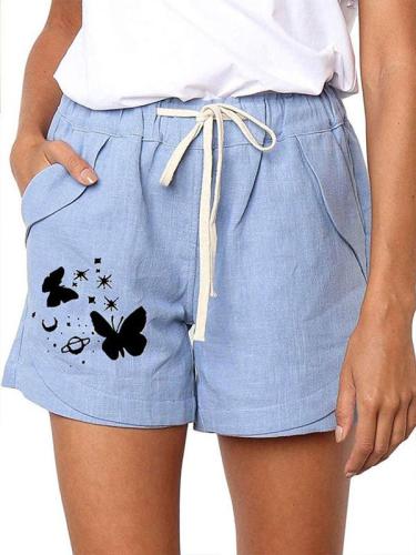 Drawstring elastic waist cotton and linen casual shorts
