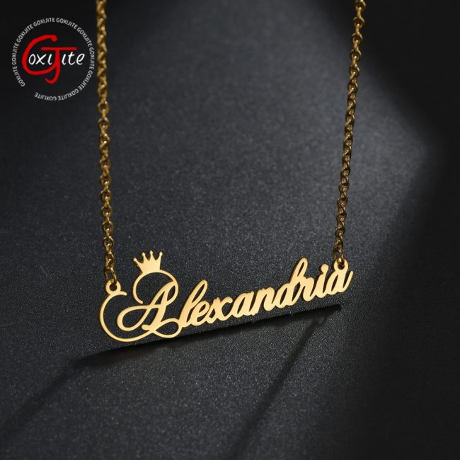 Goxijite Trendy Name Necklace For Women Stainless Steel Cursive Font Crown Initial Name Pendant Necklaces Jewelry Gift