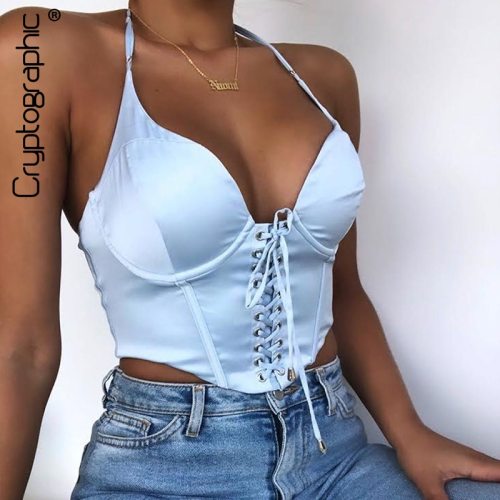 Cryptographic Sleeveless Bustier Corset Top Satin Fashion Chic Crop Top Sexy Halter Backless Cropped Feminino Vest Top Cropped