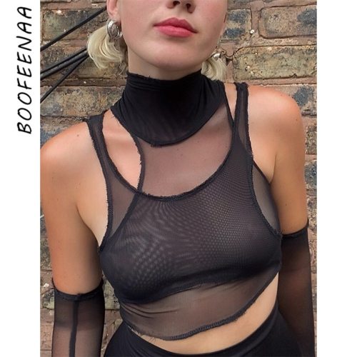 BOOFEENAA See Through Mesh Long Sleeve Crop Tops Sexy Going Out Club Night Shirts Fall 2020 Women Clothing Dropshipping C71-AI10