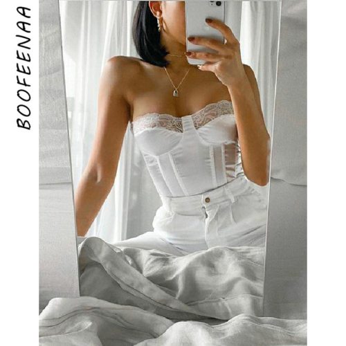 BOOFEENAA Sexy Vintage Lace Satin Corset Top Summer 2021 Cottagecore Bustier White Black Club Wear Cropped Tank Tops C76-BG12