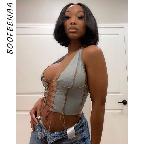 BOOFEENAA Fashion Sexy Crop Top T Shirt for Women Halter Backless Deep V Neck Hollow Out Lace Up Ribbed Tank Tops C83-BE10