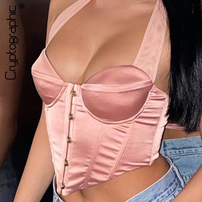 Cryptographic Satin Fashion Sexy Breasted Corset Tops Women Club Party Sleeveless Backless Halter Cropped Feminino Top Summer