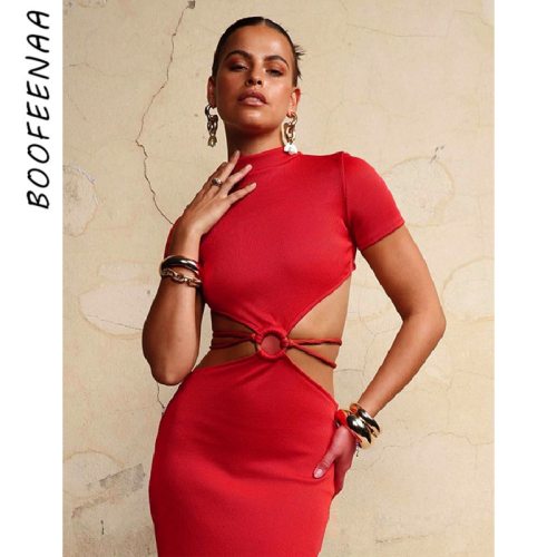 BOOFEENAA Short Sleeve Hollow Out Backless Bodycon Maxi Dress Women Night Out Outfits Elegant Sexy Date Dresses Red C83-BI32