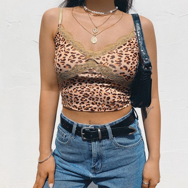 BOOFEENAA Lace Trim V Neck Backless Cropped Top Women Clothes Summer 2020 Cheetah Cute Sexy Fitted Cami Tank Tops C84-BZ10